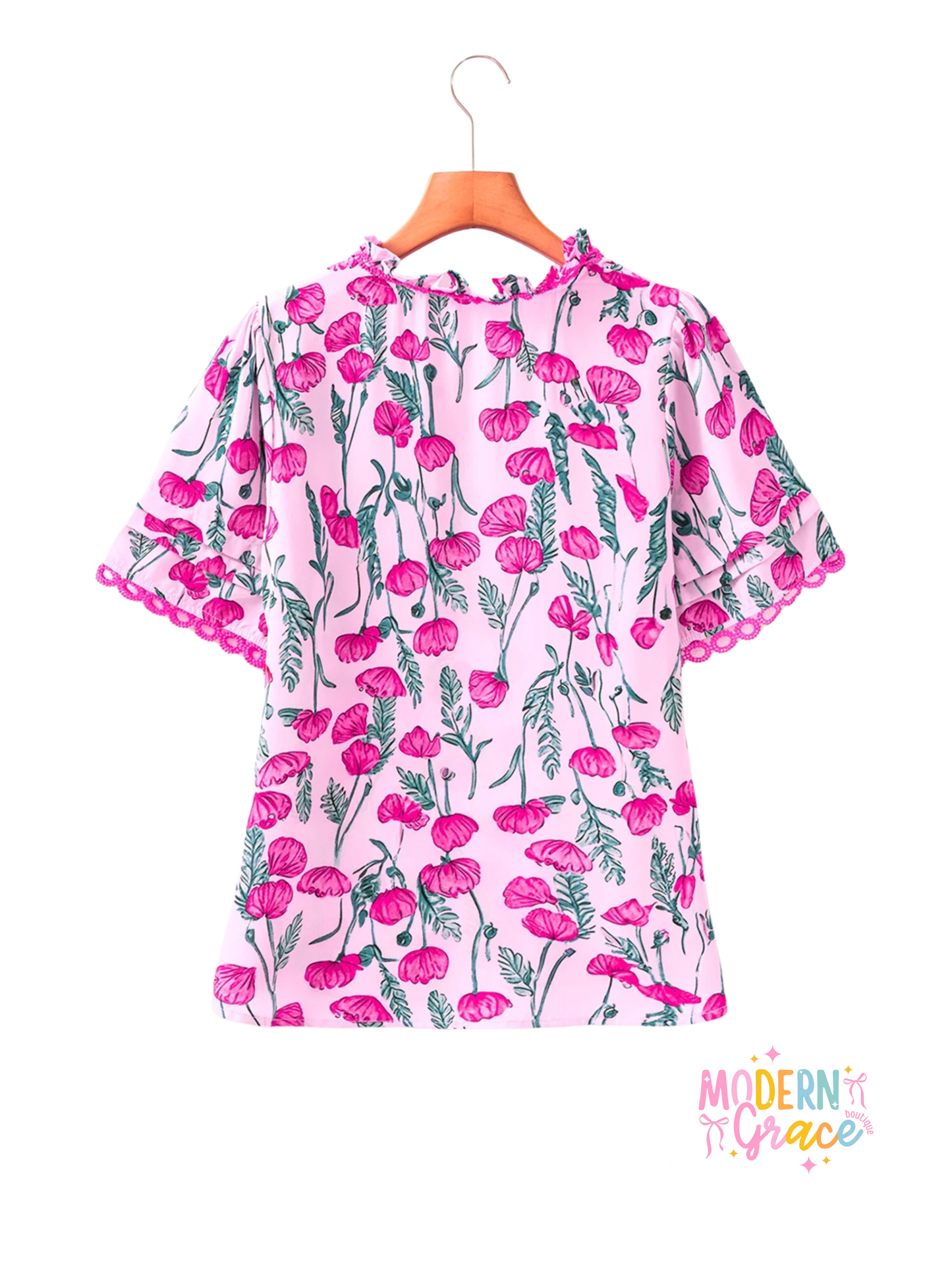 Pink Floral Lace Detail Frilled V Neck Summer Blouse