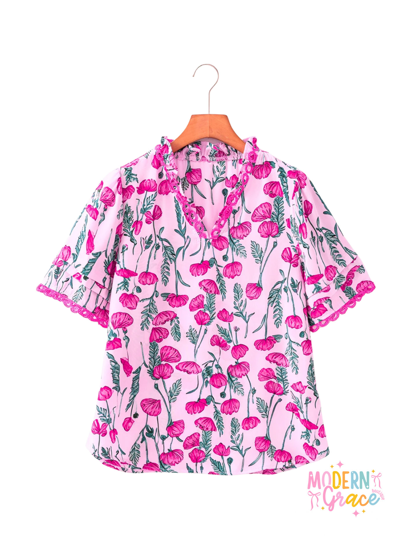 Pink Floral Lace Detail Frilled V Neck Summer Blouse