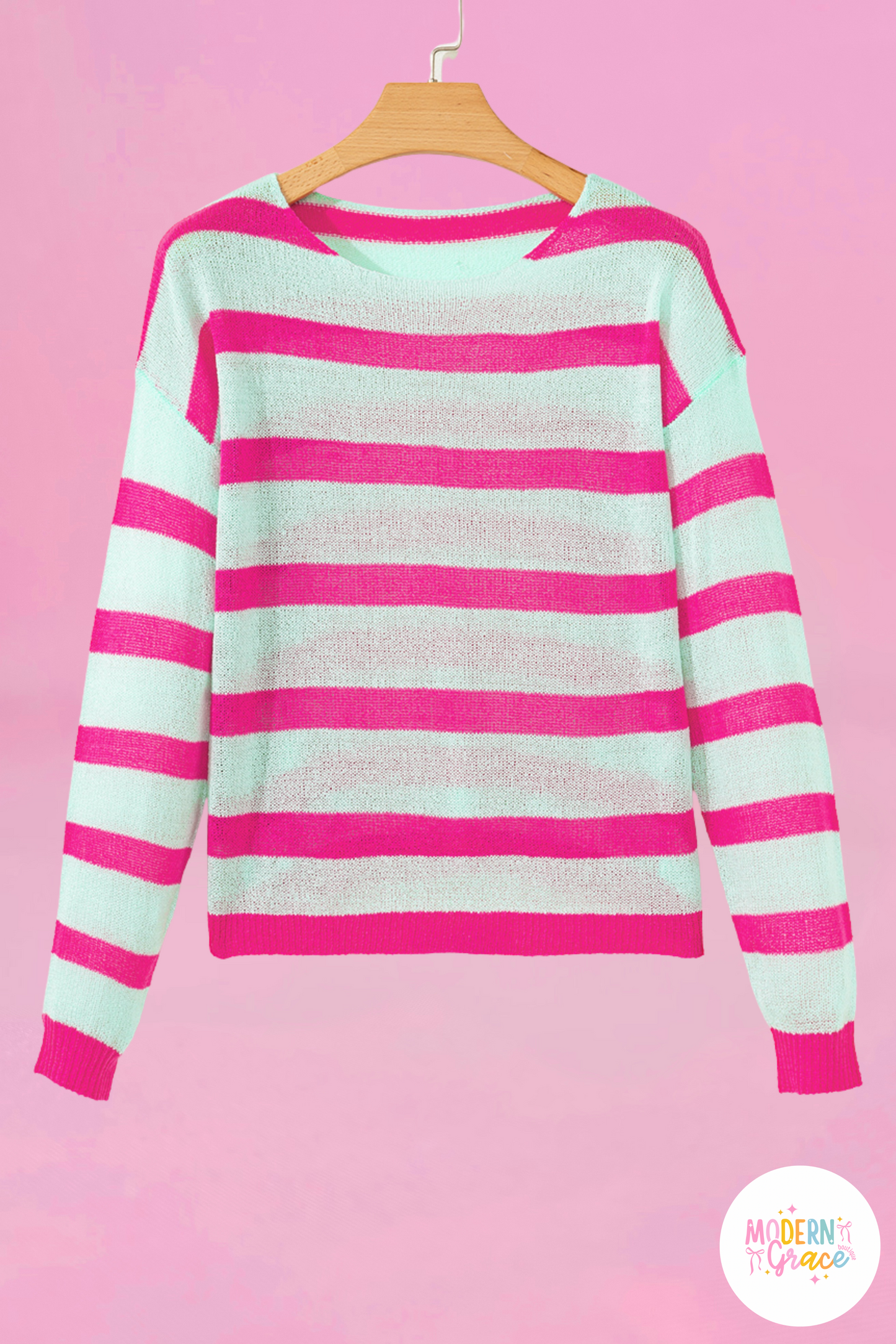 Green Stripe Round Neck Casual Sweater