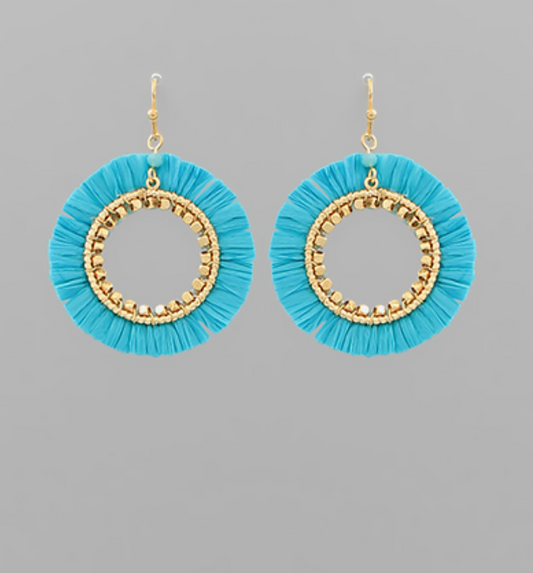Turquoise Raffia Circle Tassel Earrings