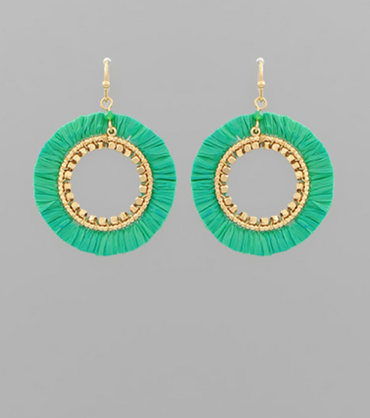 Green Raffia Circle Tassel Earrings