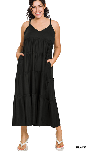 Curvy V-neck Black Cami Maxi Tiered Dress