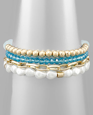 Blue, Gold & White Matte Mermaid Ball & Pearl Bracelet