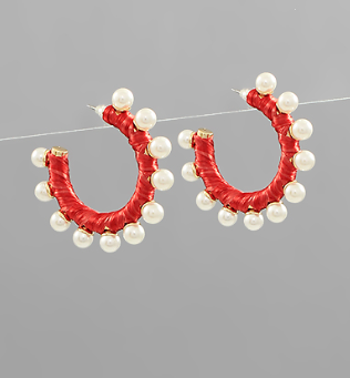 Red/White Pearl Wrapped Raffia & Pearl Hoops