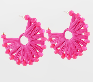 Fuchsia Bead & Wrapped Raffia Hoops