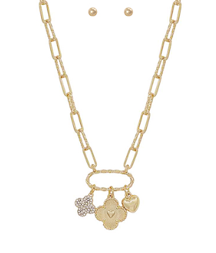 Clover & Multi Charm Oval Necklace Set w/ Earrings