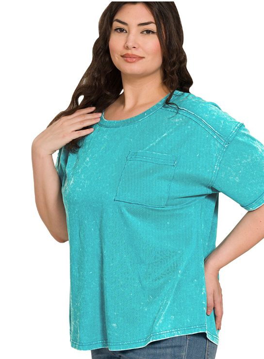 CURVY Teal Crinkle Wash Round Neck Pocket Tee