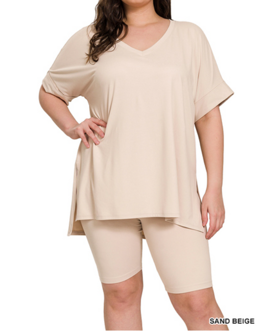 Curvy Sand Beige Biker Set