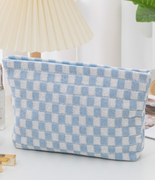 Blue Checkered Cosmetic Makeup Pouch Clutch Bag