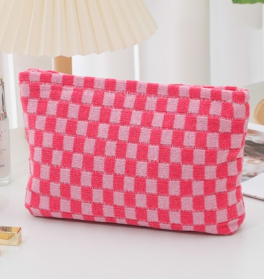 Pink Checkered Cosmetic Makeup Pouch Clutch Bag