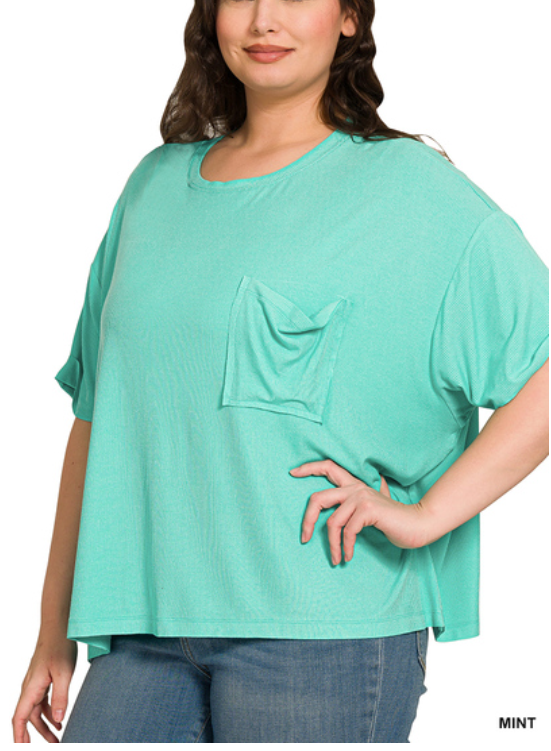 Curvy Mint Oversized Ribbed Round Neck Short Sleeve Tee