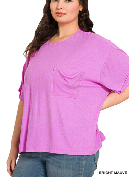Bright Mauve Curvy Oversized Ribbed Round Neck Short Sleeve Tee