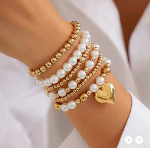 Multilayer Gold Ball Pearl Chain Bead Heart Bracelet
