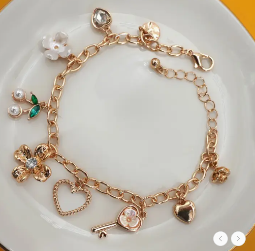 Charm Bracelet-Floral Cherry Heart Bow Key