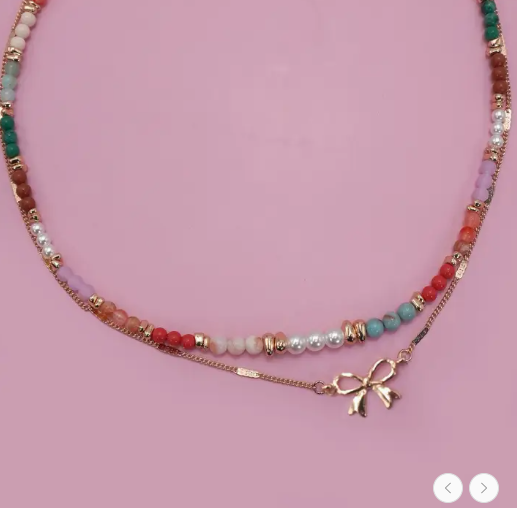 Multi Beaded Bow Charm Double Layer Necklace