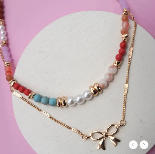 Multi Beaded Bow Charm Double Layer Necklace