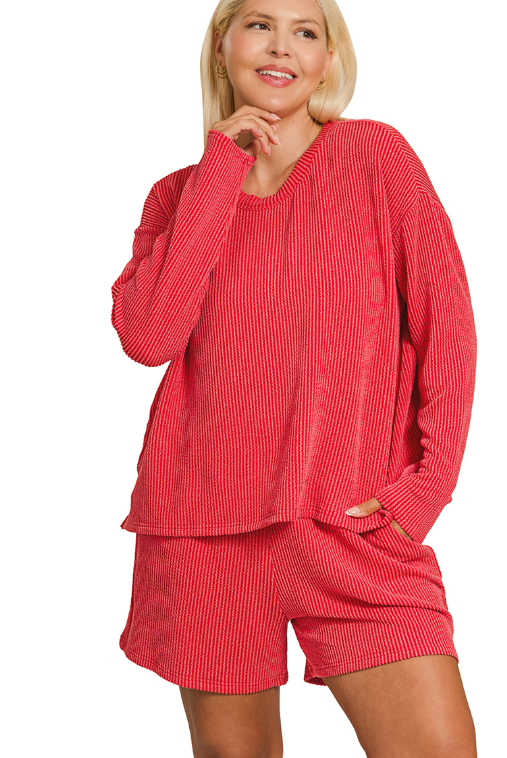 Curvy Red Raised Rib Long Sleeve Tee & Shorts Set