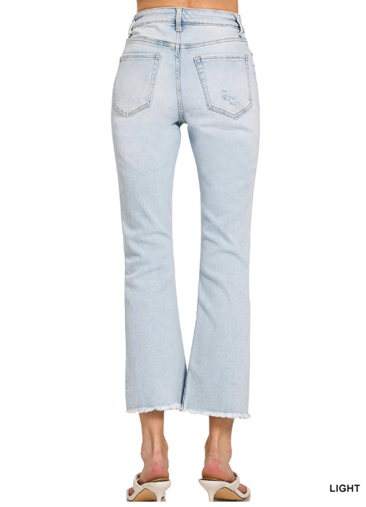 Light Wash High Rise Straight Raw Hem Cropped Denim Pants
