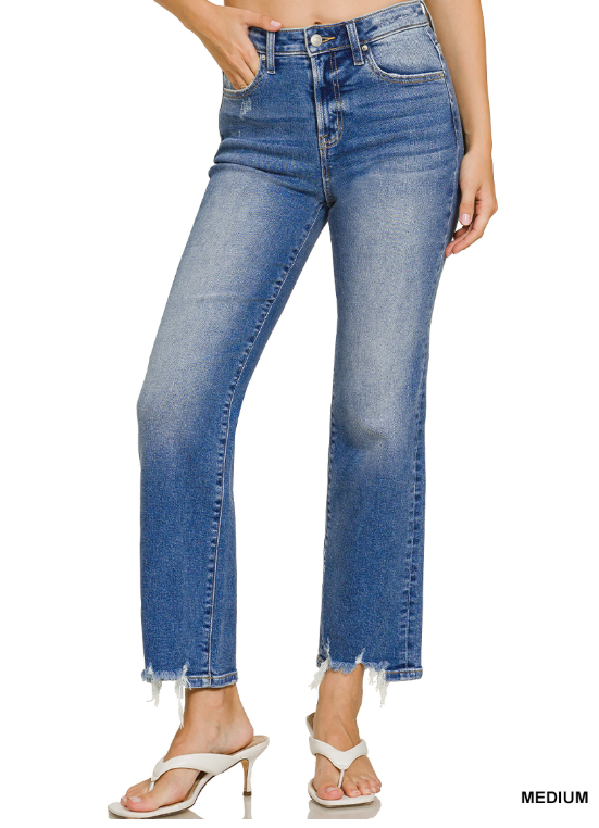 Medium Wash Distressed Hem Denim Pants
