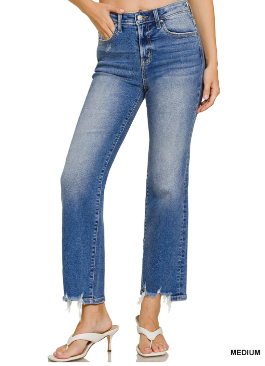 Medium Wash Distressed Hem Denim Pants