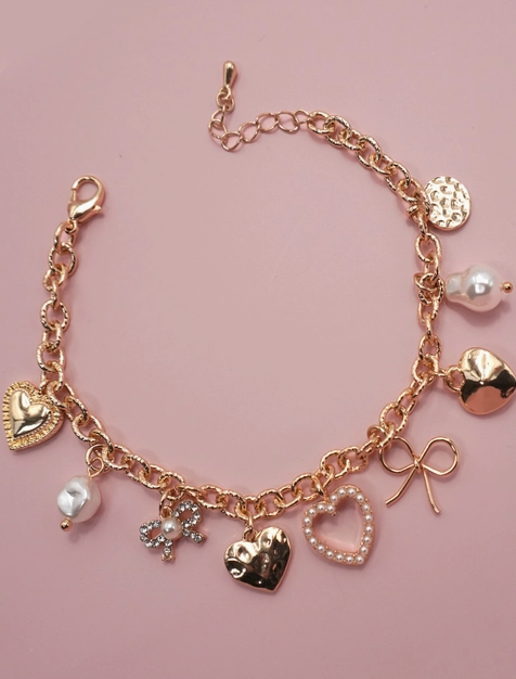 Charm Bracelet-Bow Heart Pearl Disc Charms