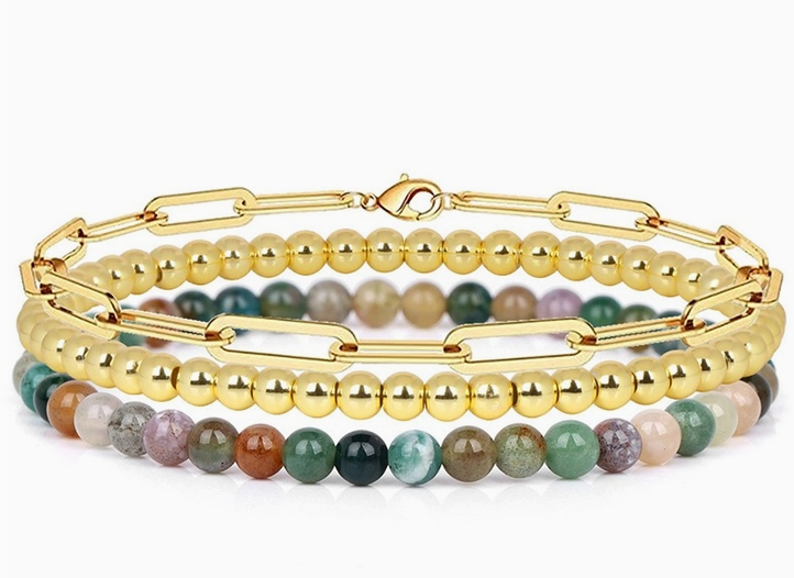 Multi Layer Natural Stone Ball Chain Link Bracelet