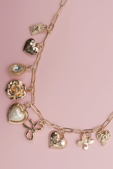 Charm Necklace-Bow Heart Rhinestone Flower