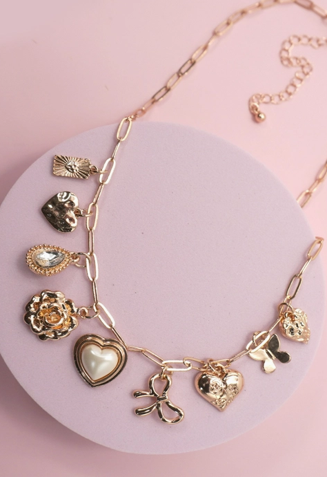 Charm Necklace-Bow Heart Rhinestone Flower