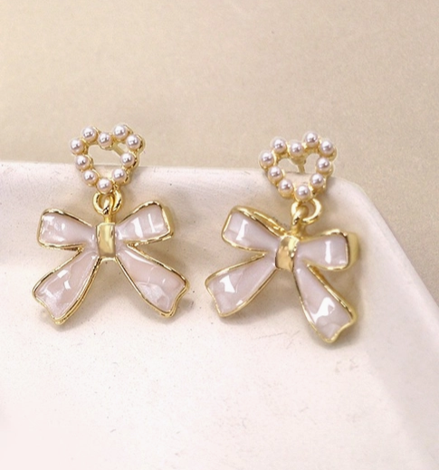 Bow Heart Pearl Drop Earrings