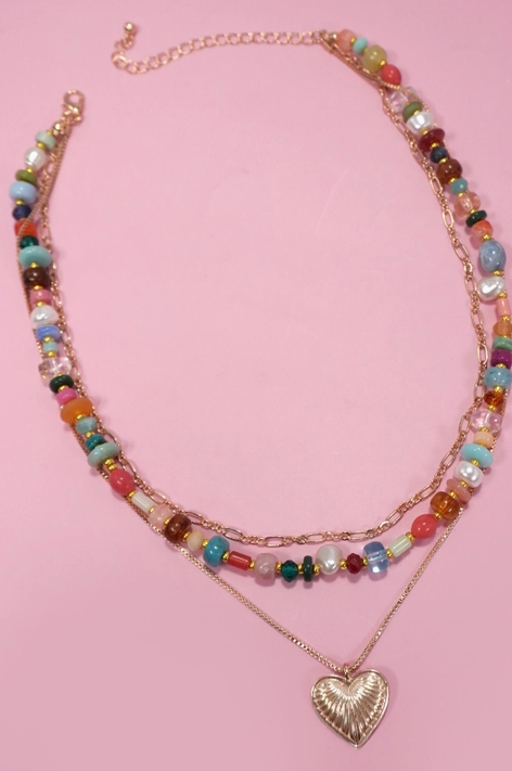 Multi Layered Beaded Heart Charm Necklace