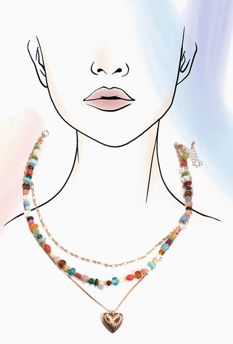 Multi Layered Beaded Heart Charm Necklace