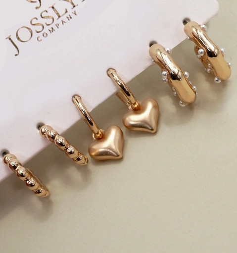 Heart Drop Pearl Studed Hoop Trio Earrings
