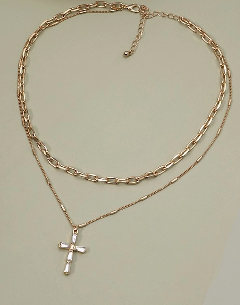 Layered Gold Chain with Rhinestone Style Cross