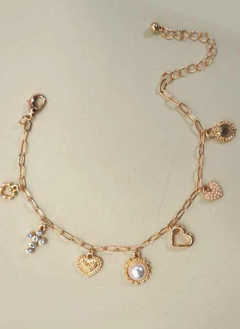 Charm Bracelet-Link Chain Heart Pearl Cross Charms