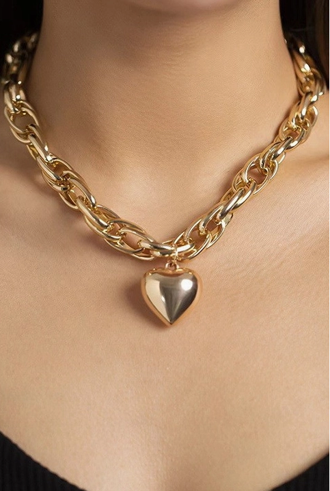 Puffy Heart Chunky Chain Statement Necklace
