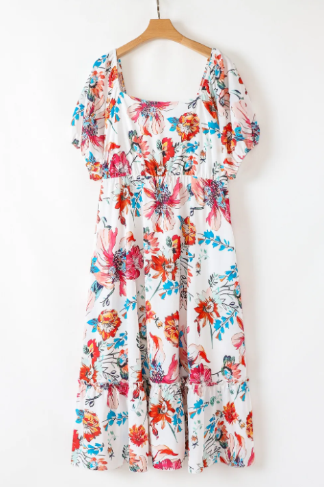 CURVY White Floral Square Neck Flowy Midi Dress