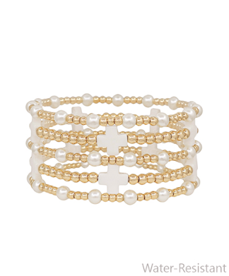 Water Resistant Cross Pearl Bracelet Set