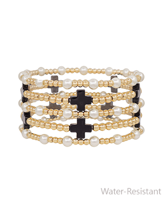 Water Resistant Black Cross Pearl Bracelet Set