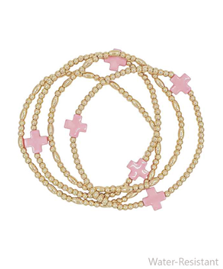 Water Resistant Pink Cross Pearl Bracelet Set