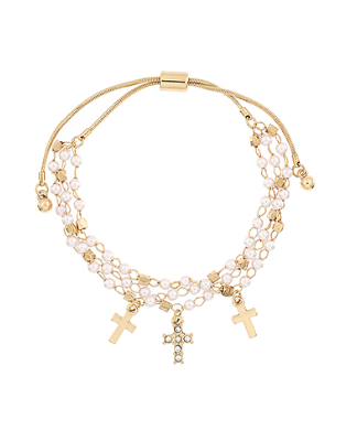 3 Row Pearl & Cross Charm Bracelet