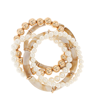 Beige 5 Row Bar Pearl & Metal Ball Bracelet