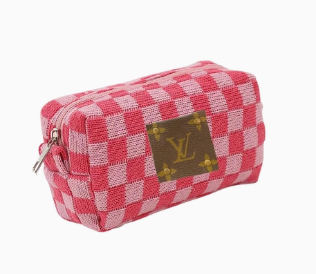 Upcycled light Pink Checkered Travel Pouch (LV Logo is Authentic and has been repurposed onto a new bag)