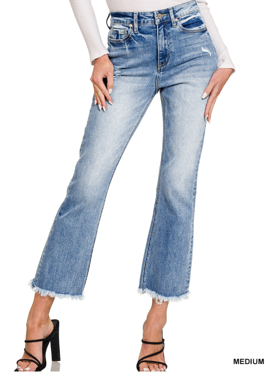 High Rise Straight Raw Hem Cropped Denim Pants