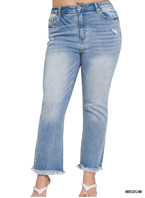 Curvy High Rise Straight Raw Hem Cropped Denim Pants