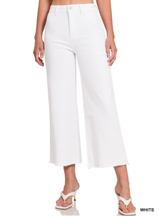 White Acid Washed High Waist Frayed Hem Straight Pants