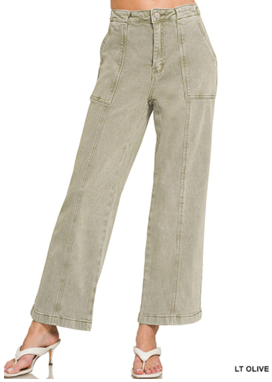Light olive Zenana straight leg utility denim pants with front and back pockets, made from durable color denim fabric.