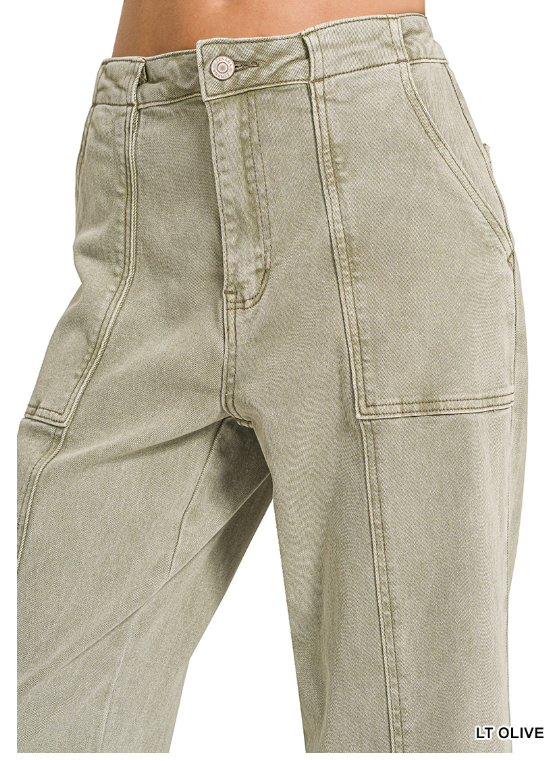 Light olive Zenana utility denim pants with straight leg fit and multiple pockets, showcasing casual, functional style.