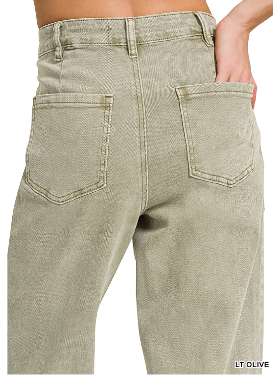 Light olive Zenana utility denim pants with straight leg fit and multiple pockets, featuring a classic color and casual style.