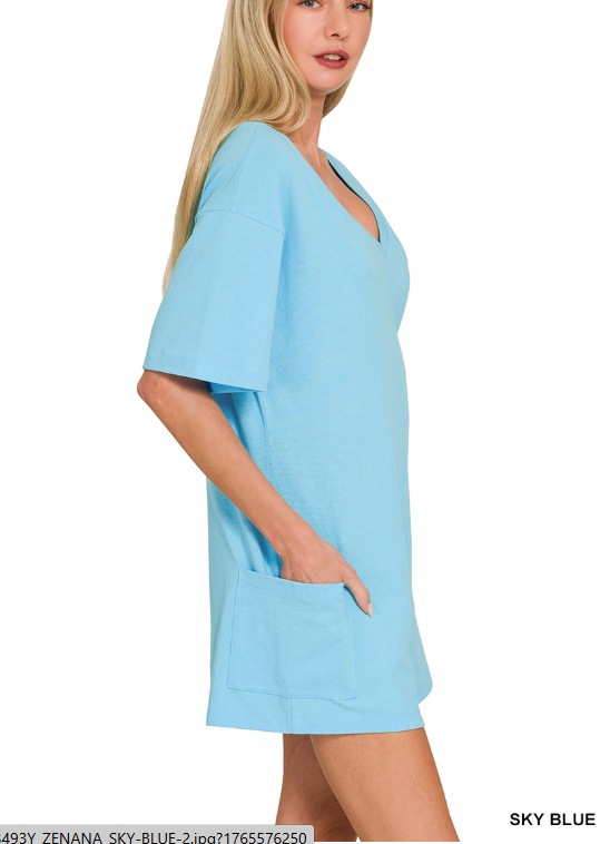 Sky Blue V or Scoop Neck Reversible 2-Way Romper with Pockets