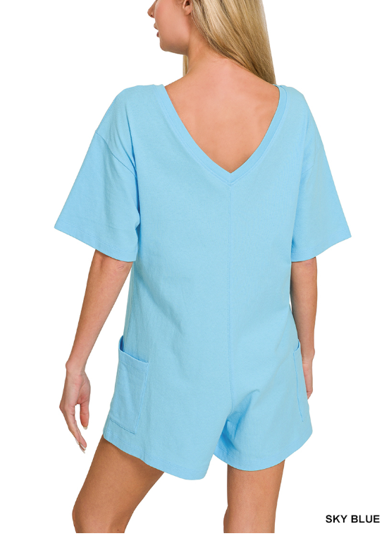 Sky Blue V or Scoop Neck Reversible 2-Way Romper with Pockets